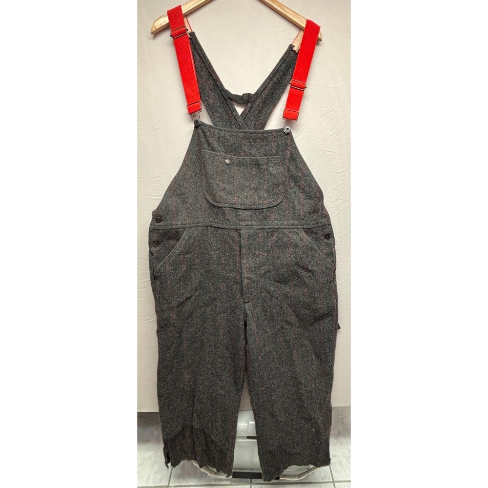 Woolrich Bib Overalls Mens Gray Red Plaid Wool Blend Hunting Outdoor Vintage